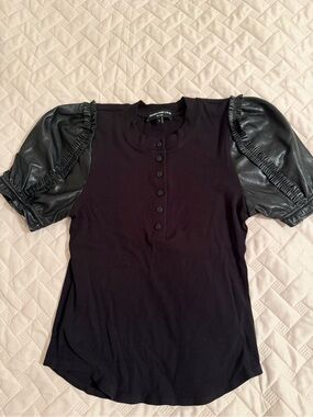 Generation Love Black Ribbed Top with Faux-Leather Puff Sleeves